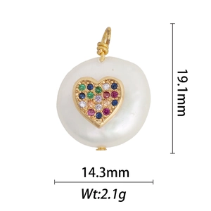 Baroque pearl pendant with gold heart inlay and colorful gems showing 19.1mm height size