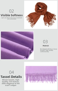 Detail of soft brushed cashmere-like texture and fine woven tassels on warm scarves