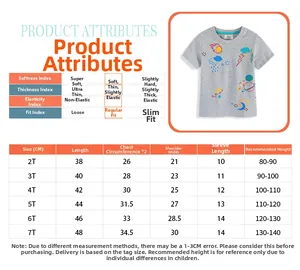 Tableau détaillé des tailles pour t-shirt d'été garçon avec imprimé fusée et mesures