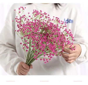 Close-up of pink artificial babies breath bouquet held by hand for wedding decor