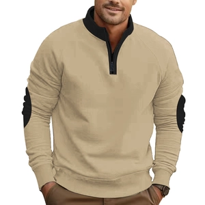 Men's quarter-zip color block sweatshirt with stand collar and khaki fleece fabric