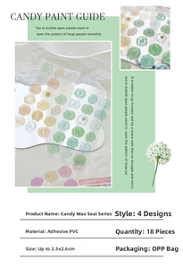 Detailed view of candy wax seal stickers with dimensions and packaging specifications