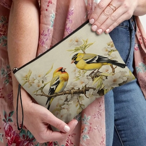 Floral bird print canvas makeup bag with zipper and hand strap for spring accessory