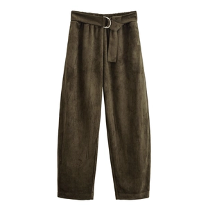 Damesbroek Met Hoge Taille Van Imitatiesuède Elegante Broek Met Elastische Taille En Riem Effen Kleur Rechte Pijpen