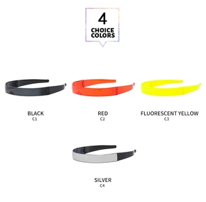 Futuristic punk sunglasses display in black, red, yellow, and silver color options