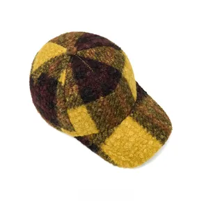 Top view of colorful lamb wool baseball cap featuring a retro checkerboard pattern texture