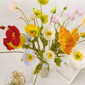 Vibrant artificial poppy bouquet in a glass vase with magazine and frame on a table