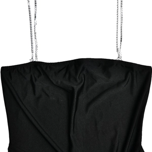 Detail of elegant black dress showing rhinestone spaghetti straps and glossy fabric texture