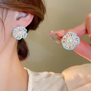 French Retro Hollow Flower Stud Earrings With Blue Enamel And Artificial Pearl With 925 Sterling Silver Earring Post For Women