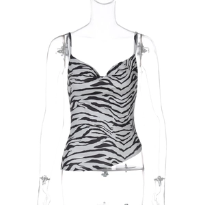 Close-up of zebra print cowl neck camisole showing thin straps and sleek fabric detail