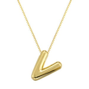 Macro view of gold 3D puffy V-letter pendant with a high-polished mirror finish