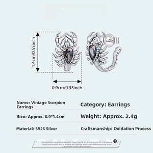 Detailed view of S925 silver scorpion stud earrings with pear-cut crystal and dimensions