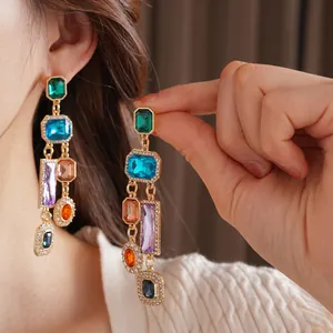 Vintage luxury square drop earrings with colorful crystals and fringe in gold setting