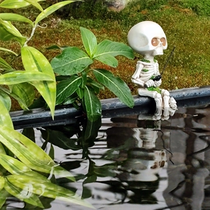 Resin skeleton figurine fishing by a mossy pond, creative Halloween micro landscape ornament