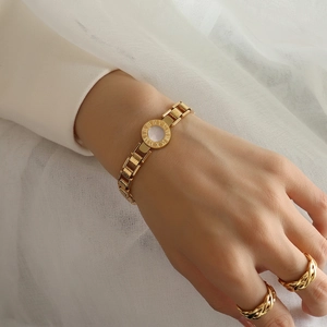 18K gold plated roman numeral watch-face bracelet with white shell inlay for women