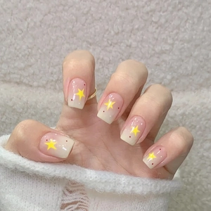 Yellow Star Red Dot Gradient Press On Nails Short Square Round Sweet Ins Style Artificial Fake Nail Tips For Women