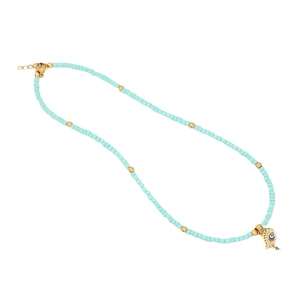Böhmische türkisfarbene Perlenkette mit goldenem Fisch und Emaille Evil Eye Anhänger