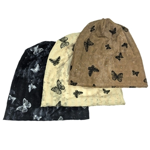 Japanese style butterfly tie-dye knit beanies in black, beige, and brown with rhinestones