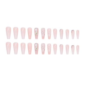 Long ballerina press-on nails with pink gradient, white floral patterns and 3D rhinestones