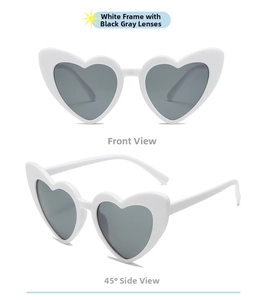 Front and 45-degree side view of white heart-shaped sunglasses with black lenses