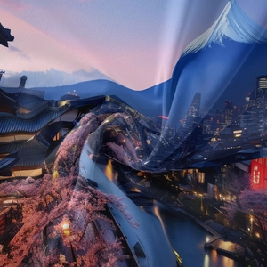 Detailed macro view showing the smooth fabric texture and Mount Fuji print on the tapestry