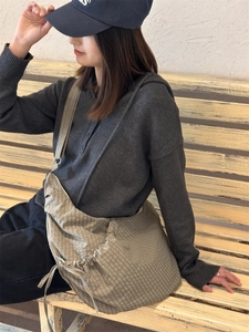 Plaid nylon croissant crossbody bag and gray knit hoodie set in casual outdoor style