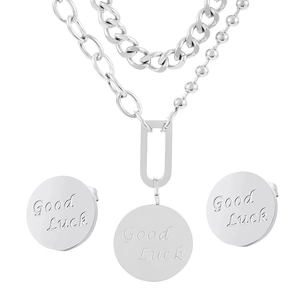 Set gioielli in acciaio argento con collana a doppio strato e ciondoli Good Luck