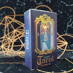 Holographic 78-card tarot deck featuring the High Priestess on a mystical backdrop
