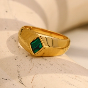 18K gold plated stainless steel ring featuring a geometric rhombus malachite stone inlay