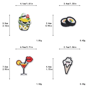 Size specifications for cupcake, sushi, cocktail, and ice cream embroidery patches