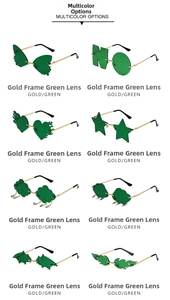 Detail view of 8 different St. Patrick's Day green leaf and novelty party sunglasses