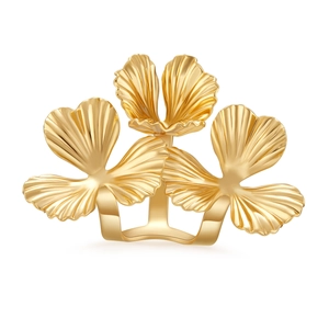 Detailed view of the 18K gold-plated ginkgo leaf ring with textured metallic finish