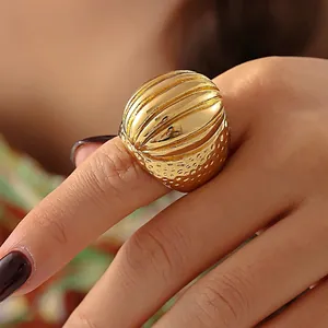 Chunky Stainless Steel Ring 18K Gold Plated Vintage Ribbed Hammered Texture Oval Dome Bold Statement Jewelry For Women