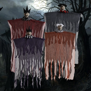 Hanging Halloween ghosts with witch hats in red, purple, gray, and orange colors