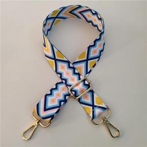 Adjustable colorful wide shoulder strap with geometric patterns and gold metal buckles