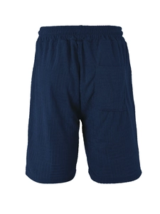 Close-up of navy blue men's shorts featuring jacquard texture and elastic waistband