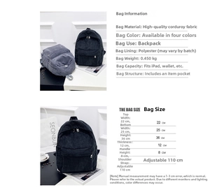 Size chart showing dimensions and premium corduroy material for the minimalist backpack