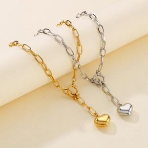 Gold and silver chunky link chain heart necklaces with OT toggle clasp closure