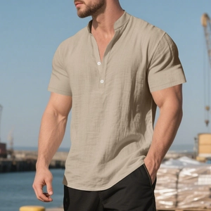 Men's khaki linen short-sleeve shirt detail with stand collar and outdoor buttoned design