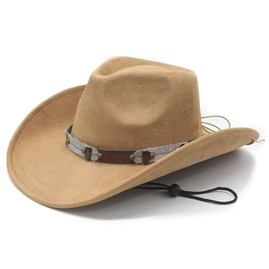 Ethno-Western-Cowboyhut aus braunem Wildleder mit Zierband und Kinnriemen