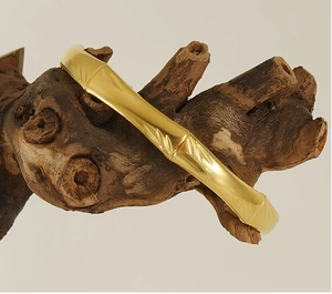 Detailed view of 18K gold plated stainless steel bracelet with bamboo leaf texture