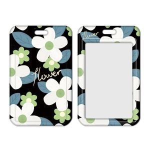 Floral ID card holder with black background and matching wristlet lanyard for students