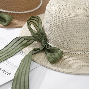 Elegant wide brim straw sun hat with olive ribbon bow and pearl beads for summer