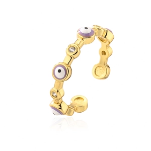 Detailed close-up of gold plated evil eye ring with purple enamel and zircon stones