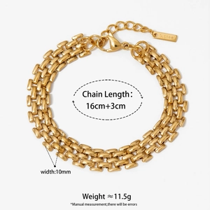 Golden stainless steel hip-hop chain bracelet, 10mm width, 16+3cm length, 11.5g weight
