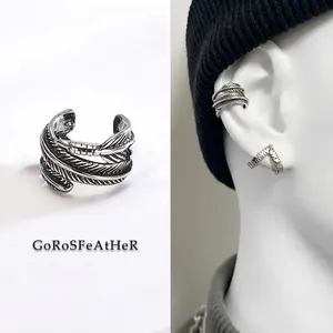 Vintage Feather Ear Clip Non Piercing Copper Ear Cuff Retro Silver Plated Minimalist Fashion Jewelry For Men Women