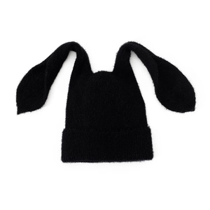 Winter knitted beanie with long bunny ears in black faux mohair for warm windproof style