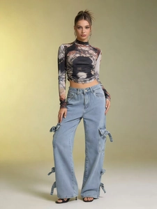 Women's floral high neck top and light blue cargo wide leg jeans fashion set