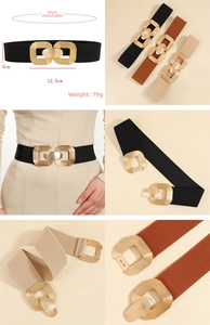 Detailed view of elastic corset belts in black, brown, and apricot with golden buckle