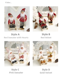 Detailed view of four Santa Claus figurines with sleds and knitting in various colors